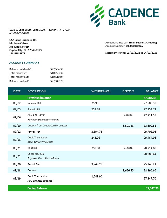 Modèle Word et PDF de relevé de compte courant d'entreprise Cadence Bank